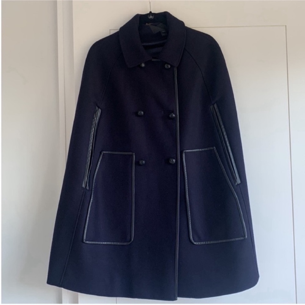 J. Crew Collection Navy Blue Wool Double Breasted Leather Trim Cape XS/S - Picture 3 of 12